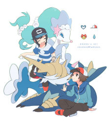 Rule 34 | 2boys, :d, artist name, baseball cap, black headwear, blue jacket, brown eyes, brown hair, brown pants, capri pants, closed eyes, closed mouth, cocoloco, commentary request, creatures (company), dated, elio (pokemon), game freak, gen 5 pokemon, gen 7 pokemon, hat, heart, hilbert (pokemon), jacket, long sleeves, male focus, multiple boys, nintendo, open mouth, pants, pokemon, pokemon (creature), pokemon bw, pokemon masters ex, pokemon sm, primarina, samurott, shirt, shoes, short hair, short sleeves, sitting, smile, striped clothes, striped shirt, teeth, tongue, upper teeth only, zipper pull tab, |d