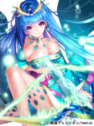 Rule 34 | 1girl, aile (crossroads), arrow (projectile), bare shoulders, blue hair, bow (weapon), breasts, cleavage, copyright name, earrings, fishnet thighhighs, fishnets, japanese clothes, jewelry, junketsu duelion, large breasts, lolita fashion, long hair, looking at viewer, lots of jewelry, off shoulder, official art, purple eyes, shione latimeria, solo, thighhighs, very long hair, wa lolita, weapon
