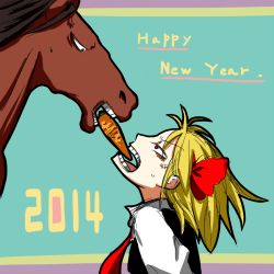 Rule 34 | 10s, 1girl, 2014, animal, blonde hair, carrot, fighting, hair ribbon, happy new year, horse, mouth hold, new year, noumen, open mouth, red eyes, ribbon, rumia, short hair, sweat, teeth, teeth hold, touhou, veins