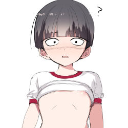 Rule 34 | 10s, 1boy, ?, absurdres, bad id, bad pixiv id, blunt bangs, blush, bowl cut, brown hair, clothes lift, commentary, full-face blush, grey eyes, highres, kageyama shigeo, male focus, misteor, mob psycho 100, nipple slip, nipples, open mouth, shirt lift, short sleeves, simple background, white background