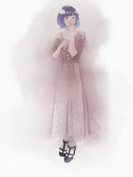 Rule 34 | 1girl, black eyes, black footwear, blue hair, brown dress, cu al, dress, floral print, full body, hand up, highres, kayano ai, looking at viewer, real life, sandals, socks, solo, standing, voice actor, white background, white socks