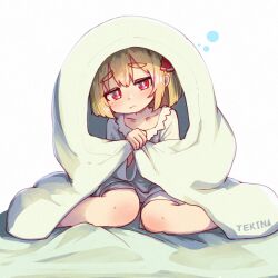 Rule 34 | 1girl, absurdres, artist name, blonde hair, collarbone, fang, furrowed brow, hair ribbon, highres, medium hair, nightgown, red eyes, red ribbon, ribbon, rumia, shirt, simple background, sitting, solo, tekina (chmr), touhou, under covers, wariza, white background, white shirt