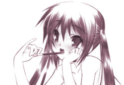 Rule 34 | 1girl, bad id, blush, completely nude, food, k-on!, long hair, monochrome, nakano azusa, nude, open mouth, pocky, round teeth, senomoto hisashi, simple background, solo, teeth, twintails, white background