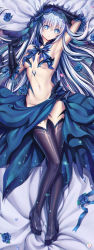 Rule 34 | 1693070240, 1girl, absurdres, arm up, armpits, bed sheet, black footwear, black gloves, blue eyes, blue flower, blue ribbon, blue rose, blue skirt, boots, breasts, closed mouth, dakimakura (medium), date a live, flower, from above, full body, gloves, groin, hair between eyes, highres, incredibly absurdres, long hair, looking at viewer, lying, medium breasts, navel, on back, revealing clothes, ribbon, rose, skirt, smile, solo, thigh boots, tobiichi origami, very long hair, white hair