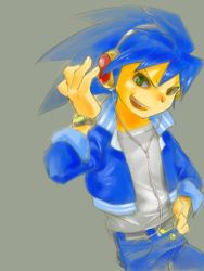 Rule 34 | 1boy, blue hair, cropped jacket, denim, green eyes, hand on own hip, headphones, jeans, male focus, manaita, pants, personification, solo, sonic the hedgehog, sonic (series), spiked hair, watch, wristwatch