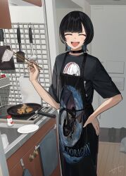 Rule 34 | 1girl, :d, ^ ^, absurdres, apron, black choker, black hair, blue hair, choker, chopsticks, closed eyes, commentary request, cooking, cutting board, douryou (buta5813), fangs, frying pan, hand on own hip, highres, indoors, kitchen, ladle, makiyakinabe, multicolored hair, open mouth, original, smile, solo, spatula, stove, tetto (onnoveltet), two-tone hair, wolf cut