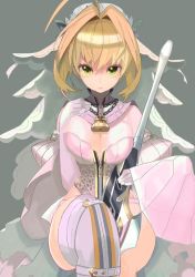 Rule 34 | 1girl, ahoge, belt, blonde hair, bodysuit, breasts, bridal veil, chain, chain necklace, cleavage, detached collar, detached sleeves, fate/grand order, fate (series), flower, full-length zipper, garter belt, gloves, green eyes, grey background, hair between eyes, hair intakes, hand on own chest, head wreath, holding, holding sword, holding weapon, jewelry, large breasts, leotard, lock, looking at viewer, narrow waist, necklace, nero claudius (bride) (fate), nero claudius (bride) (second ascension) (fate), nero claudius (fate), nero claudius (fate) (all), padlock, simple background, sitting, sleeveless, solo, sword, thigh strap, thighhighs, thighs, veil, waist cape, weapon, white thighhighs, wide hips, wide sleeves, yuuki (irodo rhythm), zipper, zipper pull tab