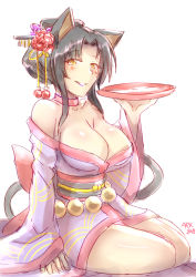 Rule 34 | 1girl, 2018, alcohol, animal ears, arkfield, arm support, bare shoulders, black hair, blush, breasts, cat ears, cat tail, choker, cleavage, commentary, cup, flower, hair flower, hair ornament, high school dxd, highres, japanese clothes, kimono, kuroka (high school dxd), large breasts, lipstick, looking at viewer, makeup, multiple tails, off shoulder, purple lips, sakazuki, signature, sitting, sketch, slit pupils, smile, solo, tail, yellow eyes