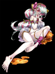 Rule 34 | 1girl, bare shoulders, barefoot, black background, breasts, bridal gauntlets, cleavage, dress, duel monster, flower, hair flower, hair ornament, hair over one eye, highres, large breasts, long hair, looking at viewer, multicolored hair, navel, open mouth, pink hair, pointy ears, red eyes, smile, solo, traptrix pinguicula, yu-gi-oh!, yukitaka (zzzzz)