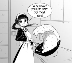 Rule 34 | 1girl, apron, black hair, cooking, english text, food, fried rice, fried rice prank (meme), highres, kitchen, maid, maid apron, maid headdress, meme, open mouth, ponko (ponkotsu ponko), ponkotsu ponko, robot girl, shrimp fried this rice (meme), solo, the sourkraut, wok