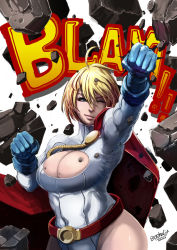Rule 34 | 1girl, ahoge, belt, blonde hair, blue eyes, breasts, butcha-u, cape, cleavage, cleavage cutout, clothing cutout, dc comics, gloves, kryptonian, large breasts, lips, one eye closed, power girl, punching, red cape, short hair, solo, superman (series), wink