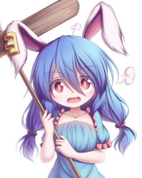 Rule 34 | 1girl, animal ears, blue dress, blue hair, collarbone, colored eyelashes, detached sleeves, dior-zi, dress, earclip, fang, hair between eyes, head tilt, highres, holding, holding mallet, kine, long hair, looking at viewer, low-tied long hair, low twintails, mallet, open mouth, puffy short sleeves, puffy sleeves, rabbit ears, red eyes, seiran (touhou), short sleeves, simple background, solo, strapless, strapless dress, touhou, twintails, upper body, white background