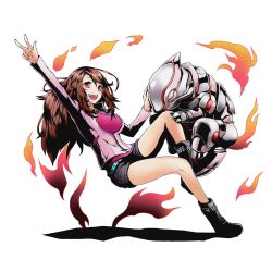 Rule 34 | 10s, 1girl, americana (divine gate), arm up, belt, black footwear, black shorts, boots, breasts, brown hair, divine gate, floating hair, full body, hair between eyes, hair ornament, hairclip, long hair, medium breasts, official art, open mouth, pink sweater, red eyes, red shirt, shadow, shirt, short shorts, shorts, solo, sweater, transparent background, ucmm, w
