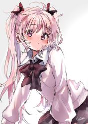 Rule 34 | 1girl, ahoge, artist name, black bow, black skirt, blush, bow, closed mouth, collared shirt, commentary, english commentary, gradient background, grey background, hair between eyes, hair bow, highres, long hair, looking at viewer, original, pink hair, pink sweater, pleated skirt, purple eyes, sha2mo, shirt, sidelocks, signature, skirt, solo, sweater, twintails, very long hair, white background, white shirt