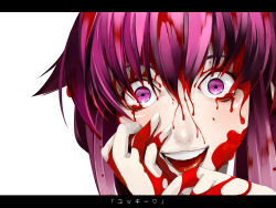 Rule 34 | 1girl, blood, blood in hair, blood on face, bloody tears, close-up, crazy eyes, gasai yuno, highres, letterboxed, mine (wizard), mirai nikki, purple eyes, purple hair, solo, tongue, translated, yandere