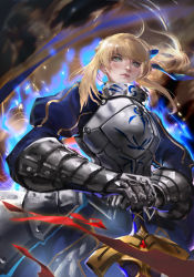 Rule 34 | 1girl, ahoge, armor, artoria pendragon (fate), blue bow, bow, breastplate, fate/stay night, fate (series), from below, gauntlets, gorget, green eyes, hair bow, hands on hilt, highres, kang kang zi, lips, long hair, puffy sleeves, saber (fate), solo, sword, weapon, wind