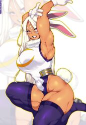Rule 34 | 1girl, animal ears, armpits, arms up, artist name, bare shoulders, blush, boku no hero academia, breasts, cherrikissu, curvy, dark-skinned female, dark skin, female focus, highres, huge breasts, large breasts, leotard, long hair, mirko, muscular, muscular female, open mouth, rabbit ears, rabbit girl, rabbit tail, red eyes, sleeveless, solo, tail, thick thighs, thighs, white background, white hair, white leotard