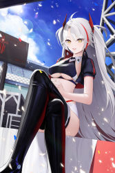 Rule 34 | 1girl, absurdres, azur lane, blue sky, boots, breasts, cloud, crossed legs, grey eyes, grey hair, highres, jacket, jacket on shoulders, latex, long hair, looking at viewer, official alternate costume, prinz eugen (azur lane), prinz eugen (final lap) (azur lane), race queen, sitting, sky, smile, solo, sunlight, thigh boots, thighhighs, underboob, yellow eyes, yu (want rou nai zi)