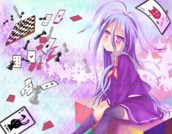 Rule 34 | 10s, 1girl, beta x, black thighhighs, blue hair, board game, card, chess, chess piece, chessboard, highres, long hair, looking at viewer, no game no life, playing card, purple eyes, school uniform, serafuku, shiro (no game no life), sitting, solo, thighhighs