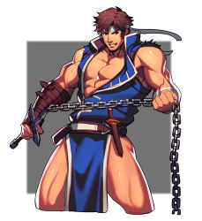 Rule 34 | 1boy, abs, bandages, bara, bare pectorals, belt, blue eyes, brown hair, bulge, castlevania (series), chain, cropped legs, facial hair, headband, highres, holding, holding weapon, jacket, large pectorals, lvlv, male focus, muscular, open clothes, open jacket, pectorals, pelvic curtain, richter belmont, short hair, sideburns, sleeveless, solo, stubble, thick thighs, thighs, torn clothes, weapon, whip