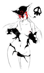 Rule 34 | 1girl, bare shoulders, blue eyes, blush, breasts, covering privates, covering breasts, doronjo, frown, gloves, large breasts, lipstick, long hair, makeup, mask, monochrome, navel, noise (tsuzuki), partially colored, sad, sketch, skull, solo, tatsunoko production, thigh gap, time bokan (series), torn clothes, yatterman