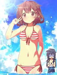 Rule 34 | 2girls, akatsuki (kancolle), anchor symbol, bad id, bad pixiv id, bikini, black hair, blue hat, blue one-piece swimsuit, blue sky, breast envy, breasts, brown eyes, brown hair, cloud, cowboy shot, day, flat cap, front-tie top, hair ornament, hairclip, hat, ikazuchi (kancolle), jabittoson, kantai collection, lens flare, long hair, looking at viewer, lowleg, lowleg bikini, multiple girls, name tag, navel, one-piece swimsuit, outdoors, red bikini, school swimsuit, shaded face, short hair, side-tie bikini bottom, sky, small breasts, solo focus, standing, striped bikini, striped clothes, swimsuit, v