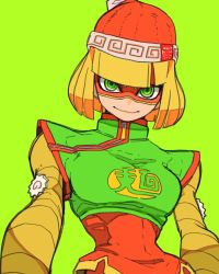 Rule 34 | 1girl, absurdres, arms (game), beanie, blonde hair, bone nig, breasts, chinese clothes, domino mask, food, green eyes, hat, highres, knit hat, looking at viewer, mask, medium breasts, min min (arms), noodles, short hair, simple background, smile, solo