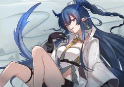 Rule 34 | 1girl, arknights, bare legs, blue eyes, blue hair, braid, breasts, feet out of frame, female focus, hand up, highres, horns, jacket, ling (arknights), long hair, long sleeves, looking at viewer, mabing, medium breasts, necktie, open clothes, open jacket, parted lips, pointy ears, shirt, sitting, solo, strapless, strapless shirt, thighs, very long hair, white jacket, white shirt, wide sleeves, yellow necktie