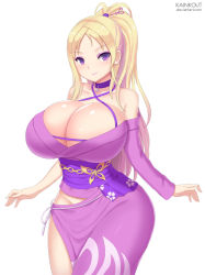 Rule 34 | 1girl, bare arms, bare shoulders, blonde hair, breasts, bursting breasts, choker, cleavage, criss-cross halter, curvy, gradient hair, hair ornament, hair stick, halterneck, huge breasts, japanese clothes, kainkout, kimono, long hair, looking at viewer, multicolored hair, obi, off shoulder, panties, ponytail, purple eyes, purple kimono, sash, side-tie panties, simple background, skindentation, smile, solo, standing, underwear, valkyrie drive, valkyrie drive -bhikkhuni-, viola (valkyrie drive), watermark, web address, white background, wide hips