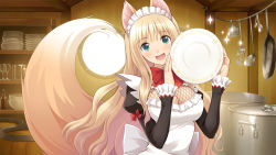 Rule 34 | 10s, 1girl, absurdres, animal ears, aqua eyes, barrel, blade arcus from shining, blonde hair, blush, bottle, bow, bowl, bowtie, breasts, cleavage, cleavage cutout, clothing cutout, cup, dress, drinking glass, eyebrows, fishnets, fox ears, fox tail, head tilt, highres, holding, holding plate, indoors, juliet sleeves, kitchen, large breasts, light, long hair, long sleeves, lorna (shining hearts), maid, maid headdress, open mouth, plate, pot, puffy sleeves, red bow, red bowtie, shelf, shining (series), shining hearts, sidelocks, smile, solo, sparkle, tail, tony taka, very long hair, wine bottle, wine glass
