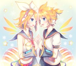 Rule 34 | 1boy, 1girl, akiyoshi (tama-pete), blonde hair, blue eyes, brother and sister, clothing cutout, detached sleeves, face-to-face, fang, hair ribbon, headphones, headset, highres, kagamine len, kagamine rin, looking at another, navel cutout, neck ribbon, necktie, open mouth, ribbon, sailor collar, short hair, short ponytail, siblings, sleeveless, smile, star (symbol), twins, vocaloid