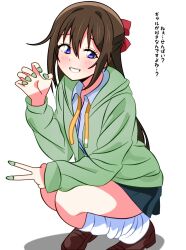 Rule 34 | 1girl, blue eyes, blue shirt, bow, brown footwear, brown hair, claw pose, collared shirt, commentary request, green jacket, green nails, hair between eyes, hair bow, half updo, highres, hood, hooded jacket, inward v, jacket, loafers, long sleeves, looking at viewer, loose neck ribbon, loose socks, love live!, love live! nijigasaki high school idol club, neck ribbon, nijigasaki academy school uniform, open clothes, open jacket, osaka shizuku, red bow, ribbon, school uniform, shinonome sakura, shirt, shoes, sidelocks, smile, socks, solo, squatting, summer uniform, translation request, upper body, white socks, yellow ribbon