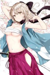 Rule 34 | 1girl, absurdres, ahoge, arm up, black bow, black scarf, bow, breasts, cherry blossoms, cleavage, closed mouth, collarbone, fate (series), hair between eyes, hair bow, hakama, hakama skirt, hamaken. (novelize), haori, highres, japanese clothes, katana, koha-ace, long hair, looking at viewer, medium breasts, midriff, navel, okita souji (fate), okita souji (koha-ace), ponytail, red hakama, sarashi, scarf, sheath, sheathed, silver hair, skirt, solo, standing, stomach, sword, underboob, weapon, yellow eyes