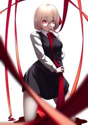 Rule 34 | 1girl, absurdres, alternate breast size, black skirt, black vest, blonde hair, blouse, bow, breasts, collared shirt, commentary request, hair between eyes, hair bow, highres, long sleeves, medium breasts, mikazato, necktie, pointy ears, red eyes, red necktie, red ribbon, ribbon, rumia, shirt, short hair, simple background, skirt, solo, touhou, vest, white background, white shirt