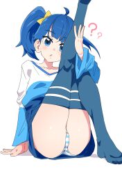 Rule 34 | 1girl, ?, ??, ahoge, ass, blue eyes, blue hair, blue shirt, blue skirt, blue thighhighs, blush, breasts, collarbone, highres, hirogaru sky! precure, long sleeves, looking at viewer, multicolored clothes, no shoes, panties, precure, shirt, side ponytail, skirt, small breasts, solo, sora harewataru, striped clothes, striped panties, t-shirt, thighhighs, tottotonero, underwear, white panties, white shirt