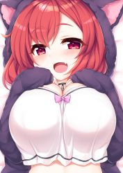 Rule 34 | 1girl, :d, absurdres, animal hood, azur lane, blush, bow, breasts squeezed together, breast suppress, breasts, cat hood, choker, cleavage, crop top, fang, highres, hood, hoodie, i-19 (azur lane), i-19 (pillowy paradise) (azur lane), kinomiki nobori, large breasts, lying, medium hair, midriff, on back, open clothes, open hoodie, open mouth, oppai loli, red eyes, red hair, skin fang, sleeves past wrists, smile, solo, upper body