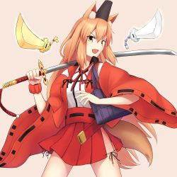 Rule 34 | &gt;:d, 1girl, akahi242, animal ear fluff, animal ears, blonde hair, cowboy shot, fate/extra, fate/extra ccc, fate/extra ccc fox tail, fate (series), fox ears, fox tail, hair between eyes, highres, holding, holding sword, holding weapon, japanese clothes, katana, long hair, looking at viewer, open mouth, pink background, simple background, solo, suzuka gozen (fate), sword, tail, v-shaped eyebrows, weapon, yellow eyes