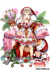 Rule 34 | 1girl, :o, bare legs, bell, bloomers, bow, box, breasts, brown hair, christmas, cleavage, detached collar, detached sleeves, dress, dress bow, flower, flower knight girl, full body, gift, gift box, hair bow, hat, holding, holding staff, kurot, layered dress, legs apart, long hair, looking at viewer, medium breasts, name connection, object namesake, official art, ojigisou (flower knight girl), open mouth, pink bow, purple eyes, red bow, red footwear, red hat, santa hat, shoes, simple background, sleepy, sleeves past fingers, sleeves past wrists, socks, solo, staff, standing, stuffed animal, stuffed rabbit, stuffed toy, teddy bear, underwear, white background, white bloomers, white socks