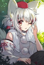 Rule 34 | 1girl, absurdres, animal ears, bare shoulders, black skirt, detached sleeves, grey hair, hat, highres, inubashiri momiji, japanese clothes, looking at viewer, one eye closed, open mouth, pokopoko ponzu, red eyes, red hat, short hair, skirt, solo, tail, tokin hat, touhou, white sleeves, wide sleeves, wolf ears, wolf tail