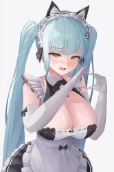 Rule 34 | 1girl, absurdres, animal ears, apron, bare shoulders, black dress, blue hair, blush, breasts, cat ears, cleavage, dress, elbow gloves, gloves, goddess of victory: nikke, highres, large breasts, long hair, looking at viewer, maid, maid headdress, open mouth, privaty (nikke), privaty (unkind maid) (nikke), sleeveless, sleeveless dress, smile, solo, twintails, vii22581034, white gloves, yellow eyes