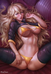 Rule 34 | 1girl, aroma sensei, bad id, bad pixiv id, bikini, blonde hair, breasts, cropped jacket, hair between eyes, highres, jewelry, large breasts, lips, long hair, looking at viewer, lying, nail polish, navel, on back, open mouth, pendant, purple eyes, rwby, solo, spread legs, swimsuit, thighhighs, toned, yang xiao long, yellow bikini