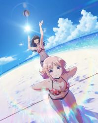 Rule 34 | 10s, 2girls, absurdres, arms behind back, arms up, ball, beach, beach volleyball, bikini, bikini bottom only, black bikini, black hair, blue sky, breasts, cleavage, cloud, day, floral print, harukana receive, highres, lens flare, light brown hair, looking at viewer, medium breasts, mikasa sports, multiple girls, navel, ocean, official art, open mouth, outdoors, playing sports, sand, sky, small breasts, smile, swimsuit, tachibana ayasa, thigh gap, tooi narumi, volleyball, volleyball (object), yellow eyes
