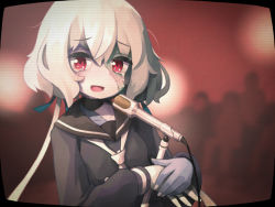 Rule 34 | 1girl, crying, konno junko, low twintails, microphone, microphone stand, own hands together, patchwork skin, red eyes, sailor collar, silver hair, sorrau, stitched face, stitched torso, stitches, television, twintails, zombie land saga