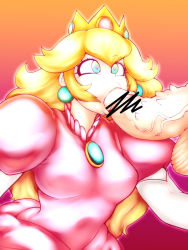 Rule 34 | 1boy, 1girl, blonde hair, blue eyes, breasts, brooch, censored, crown, dress, earrings, elbow gloves, erection, eyelashes, fellatio, gloves, gradient background, gradient outline, heart, heart-shaped pupils, huge penis, ikayaki (ikayaki4), jewelry, large testicles, lips, long hair, mario (series), medium breasts, nintendo, nose, nostrils, oral, out of frame, outline, penis, pink dress, pink outline, princess, princess peach, puffy short sleeves, puffy sleeves, purple background, shiny clothes, short sleeves, spiked penis, super mario bros. 1, symbol-shaped pupils, testicles, upper body, veins, veiny penis, white gloves, white outline, yellow background