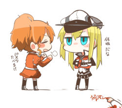 Rule 34 | 10s, 2girls, aquila (kancolle), blonde hair, blue eyes, blush, breath, dying message, closed eyes, graf zeppelin (kancolle), hat, kantai collection, multiple girls, no mouth, open mouth, orange hair, pantyhose, rebecca (keinelove), translation request, trembling