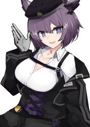 Rule 34 | 1girl, absurdres, animal ears, arknights, black hat, blue eyes, breast strap, breasts, collarbone, collared shirt, dress shirt, dur-nar (arknights), fox ears, grey pants, hat, highres, kitorakito, large breasts, long sleeves, open mouth, pants, purple hair, shirt, short hair, simple background, smile, solo, white background, white shirt, wing collar