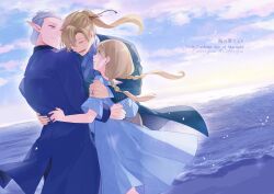 Rule 34 | 1girl, 2boys, blue dress, blue ribbon, blue suit, braid, closed eyes, copyright name, crise, day, dress, elliot melville, formal, grey hair, group hug, hug, jewelry, light brown hair, low twin braids, multiple boys, pixiv fantasia, pixiv fantasia age of starlight, pointy ears, ponytail, purple eyes, ribbon, ring, sky, standing, suit, twin braids, water