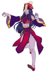 Rule 34 | 1girl, absurdres, bad link, bare legs, bare shoulders, blue hair, blue skin, breasts, bright pupils, china dress, chinese clothes, cleavage cutout, clothing cutout, colored skin, crop top, dorsiflexion, dress, fingernails, full body, hat, highres, jiangshi, jiangshi (monster girl encyclopedia), loincloth, long hair, looking at viewer, manosdetrapo, medium breasts, monster girl encyclopedia, monster girl encyclopedia ii, nail polish, no socks, ofuda, pelvic curtain, purple eyes, purple lips, purple nails, purple skin, qingdai guanmao, red footwear, revealing clothes, second-party source, shoes, side slit, smile, solo, standing, standing on one leg, talisman, transparent background, undead, underboob, underboob cutout, very long hair, walking, wide sleeves