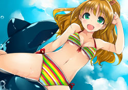 Rule 34 | 10s, 1girl, arm behind head, bikini, blush, breasts, brown hair, cleavage, dolphin, green eyes, hino akane (idolmaster), idolmaster, idolmaster cinderella girls, long hair, navel, open mouth, ponytail, sawamura hikaru, smile, solo, swimsuit, water, wet