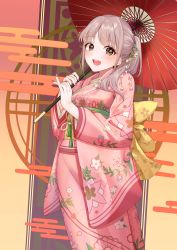 Rule 34 | 1girl, :d, absurdres, blush, brown hair, floral print, hair ornament, happy new year, highres, japanese clothes, kimono, looking at viewer, medium hair, nail polish, new year, obi, oil-paper umbrella, open mouth, original, ponytail, rufe 0v0, sash, smile, solo, standing, umbrella, yellow eyes